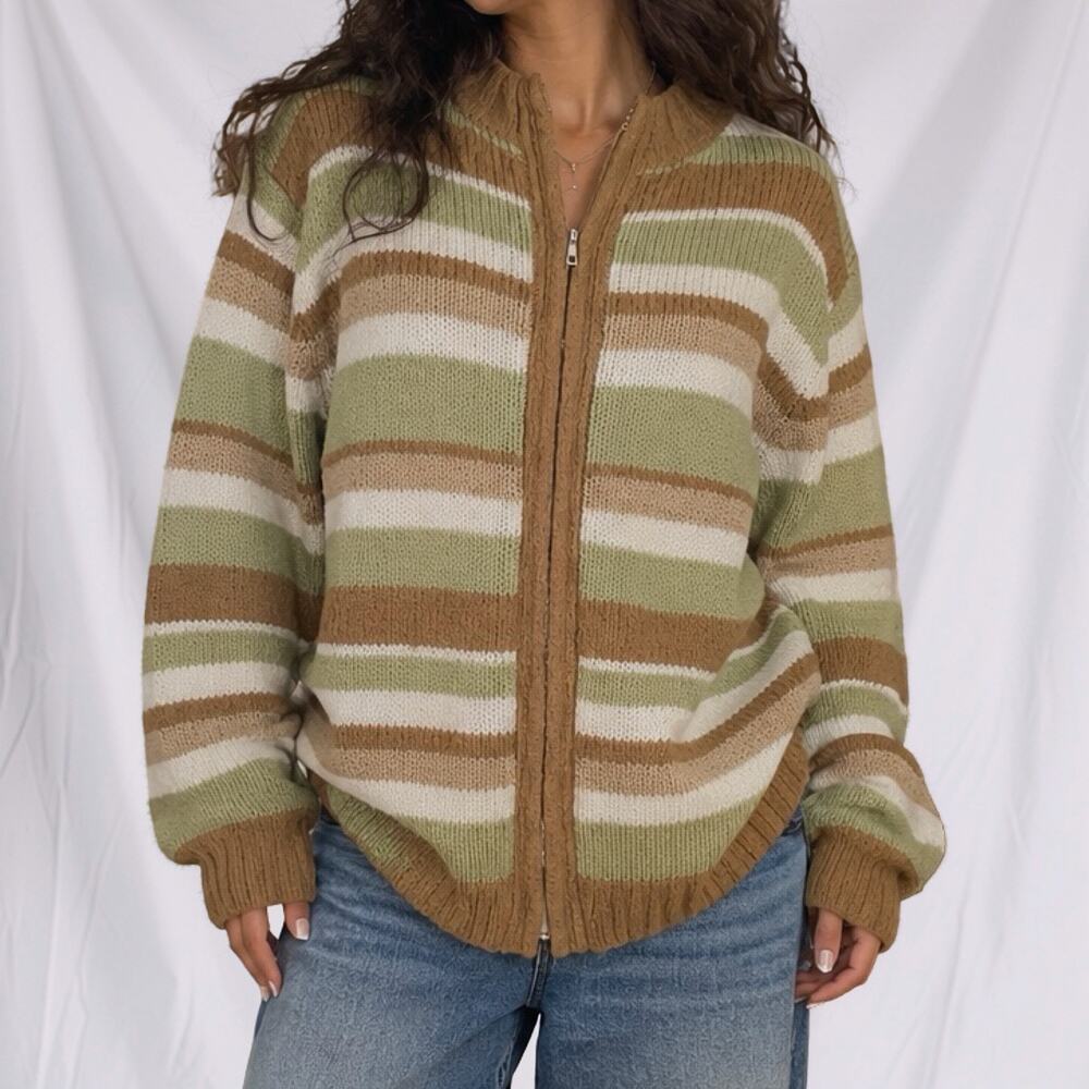 Vintage Y2K Fashion Bug Striped Wool Blend Two Way Zip Sweater Size 14/16W